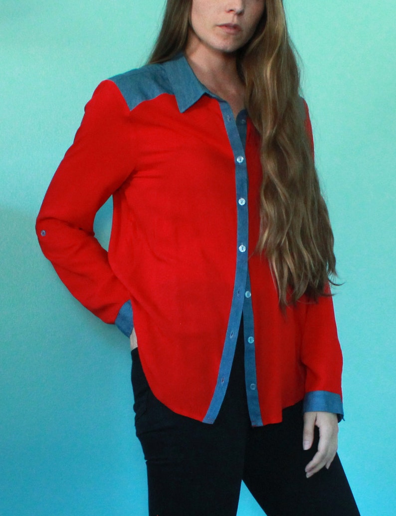 Red button down Denim western yoke Women's large image 4