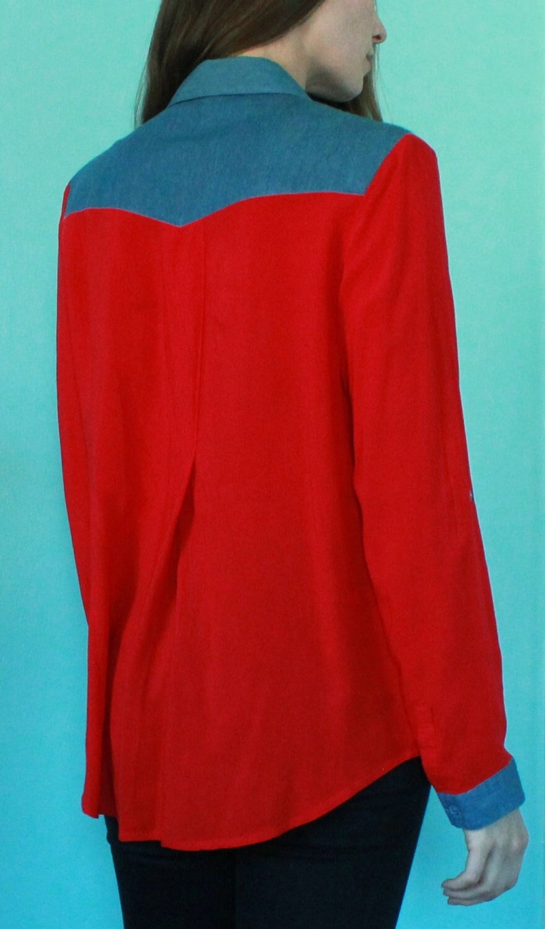 Red women's western blouse with denim yoke, size large