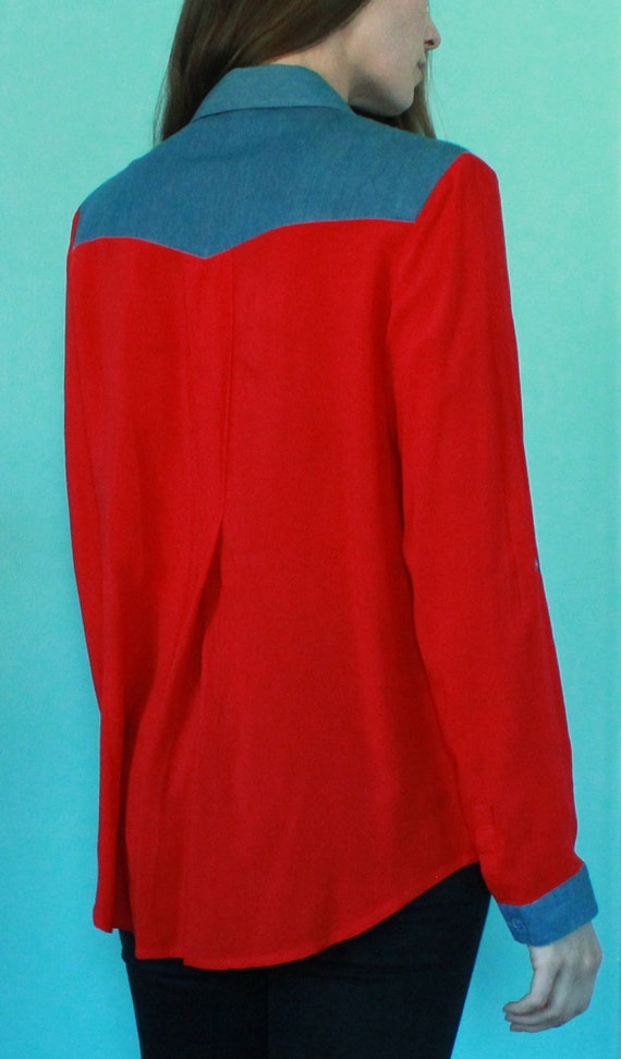 Women's large cowgirl blouse | Red with denim west