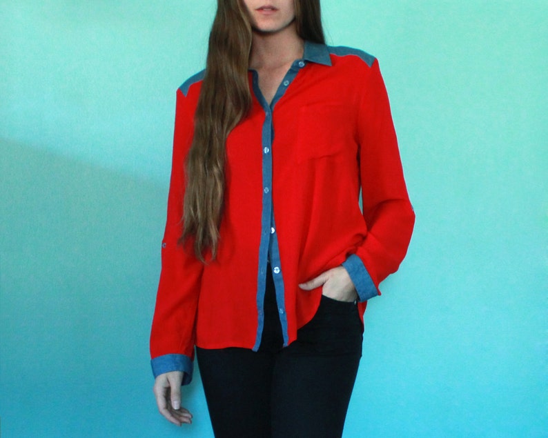 Red button down Denim western yoke Women's large image 2