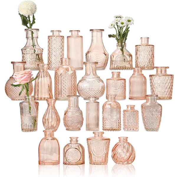 Wedding Table Centerpiece Flower Favor Bud Vase Set - 24 pc Bulk Glass Bud Vases - Amber, Champagne, or Clear - Small Vintage Vase for Décor