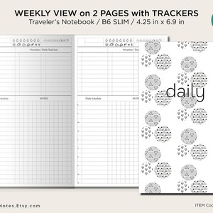 May include: A weekly planner with a daily tracker page. The planner is designed for a traveler's notebook and is 4.25 inches by 6.9 inches. The daily tracker page has a black and white geometric pattern with the word "daily" in the center.