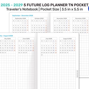 POCKET TN 5年未来ログプランナー 2025 - 2029 未来ログ 垂直グリッド トラベラーズノート 印刷可能なインサート