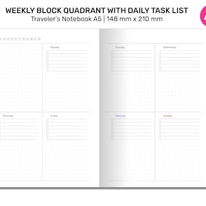 Op de afbeelding: Een weekplanner met een gestippeld raster en een blokkwadranten-indeling. Elke dag van de week is gelabeld met een aparte sectie voor dagelijkse taken. De planner is gelabeld met "Weekly Block Quadrant with Daily Task List" en "Traveler's Notebook A5 | 148 mm x 210 mm".