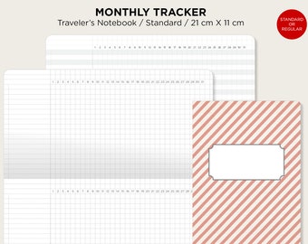 MENSUAL Tracker GRID Tamaño estándar Cuaderno de viajero Inserto imprimible Cuadrícula minimalista Paisaje