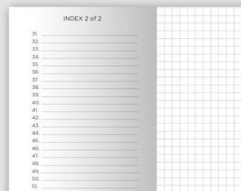 May include: A blank, lined index page with the text "INDEX 2 of 2" at the top. The page is numbered "1" at the bottom right corner. The page is divided into two sections, with the left section containing a numbered list of items from 31 to 60, and the right section containing a grid pattern.