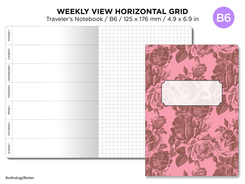 B6 WEEKLY Horizontal GRID Traveler's Notebook Printable Insert Monday or Sunday Start image 2