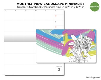 PERSONAL Size Monthly View Minimalist LANDSCAPE FORMAT Printable Planner Traveler's Notebook Insert