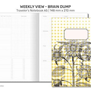 May include: A weekly planner notebook with a yellow polka dot cover featuring a black and white illustration of sunflowers. The notebook is labeled "Brain Dump" and is A5 size, measuring 148 mm x 210 mm.