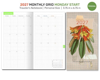2027 Monthly Planner TN Personal Traveler's Notebook GRID Printable Insert, Minimalist Mo2P, Month on 2 Pages, DPER001-2027