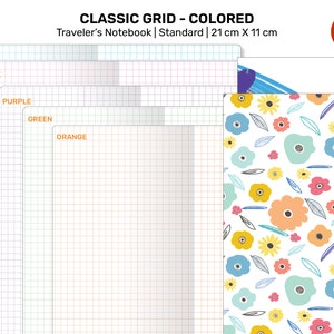 May include: Five different colored grid notebook pages, each with a different color grid: blue, pink, purple, green, and orange. The pages are 8.25 inches by 11 inches. The notebook is labeled "Classic Grid - Colored" and "Traveler's Notebook | Standard | 21 cm X 11 cm".