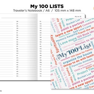 May include: A white notebook with a pink, blue, and gray word cloud on the cover. The word cloud includes the words "My 100 List", "Bucket List", "Travel the World", "Learn a New Sport", and "Paint a Portrait". The notebook is A6 size and measures 105 mm by 148 mm.