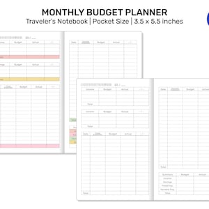 Puede incluir: Una libreta de planificación presupuestaria mensual de bolsillo, que mide 3,5 x 5,5 pulgadas. La libreta tiene una cubierta blanca con texto negro y una pequeña etiqueta de bolsillo que dice "BOLSILLO". La libreta está abierta para mostrar las páginas interiores, que están rayadas y tienen columnas para fechas, categorías, presupuestos y gastos reales.