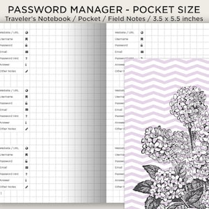 May include: A pocket-sized password manager notebook, 3.5 x 5.5 inches, with a grid layout for entries. The cover features a lavender chevron pattern and a black and white floral illustration. The notebook includes fields for website/URL, username, password, and more.