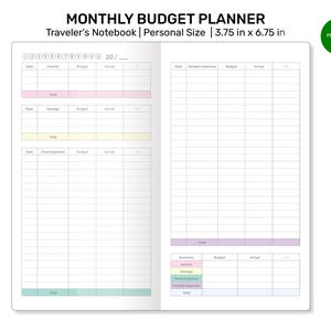 May include: A monthly budget planner notebook in personal size, measuring 3.75 inches by 6.75 inches. The notebook has a white cover with the title "MONTHLY BUDGET PLANNER" and the subtitle "Traveler's Notebook | Personal Size | 3.75 in x 6.75 in". The notebook is open to a page with a grid layout for tracking income, savings, and expenses.