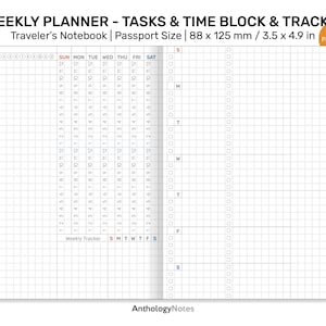 May include: A weekly planner with a grid layout for scheduling tasks and time blocking. It includes a section for a weekly tracker and is labeled "Passport Size" and measures 3.5 x 4.9 inches.