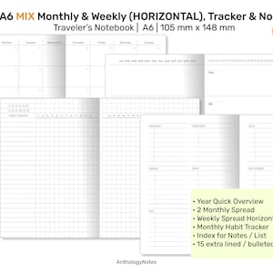 May include: A6 size traveler's notebook with a monthly and weekly planner, habit tracker, and lined pages. The notebook is 105 mm by 148 mm and has a white cover with black text. The notebook includes a year quick overview, two monthly spreads, a weekly spread, a monthly habit tracker, an index for notes and lists, and 15 extra lined or bulleted pages.