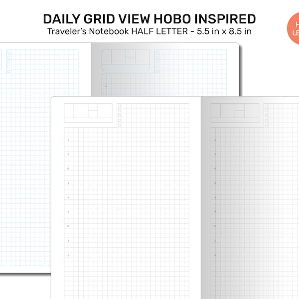 TN Half Letter DAILY View Hobo Inspired GRID Traveler's Notebook Printable Insert Refill HL22-006
