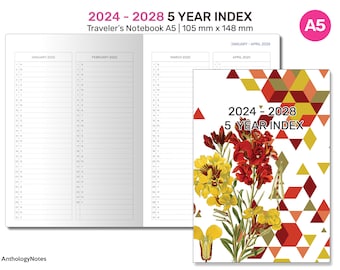 A5 TN 2024 - 2028 5-Year Index Printable Traveler's Notebook Insert Refill - Minimalist | DA522-002