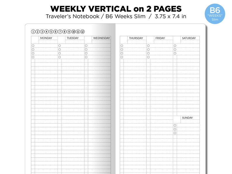 B6 WEEKS Slim Weekly VERTICAL Traveler's Notebook Printable Insert image 2