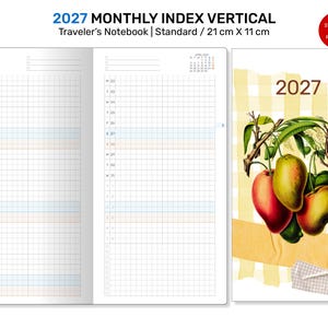 May include: A 2027 monthly index vertical traveler's notebook insert measuring 21 cm x 11 cm. The layout features a grid for March with dates and days. The cover displays the year 2027, a mango illustration, and a yellow checkered pattern.