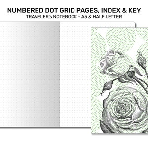 May include: A traveler's notebook with numbered dot grid pages, an index, and a key. The notebook is A5 size and has half letter paper. The cover features a black and white illustration of roses on a green background.
