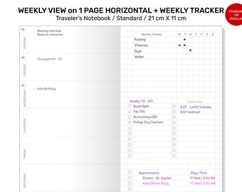 Standard TN Weekly Horizontal with Weekly Tracker, TO DO Lists Minimalist Functional Printable Refill Insert RTN007