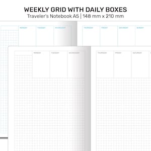 May include: A weekly grid planner with daily boxes for a Traveler's Notebook in A5 size, measuring 148 mm by 210 mm.