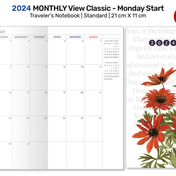 2024 MONTHLY View Insert Standard Size Traveler's Notebook - Printable Insert Diary MONDAY Start DSTN007