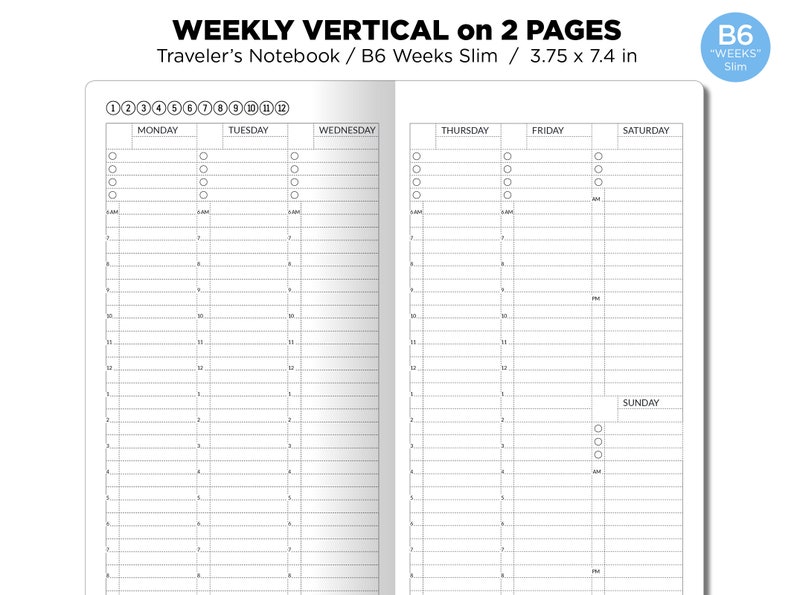 B6 WEEKS Slim Weekly VERTICAL Traveler's Notebook Printable Insert image 5