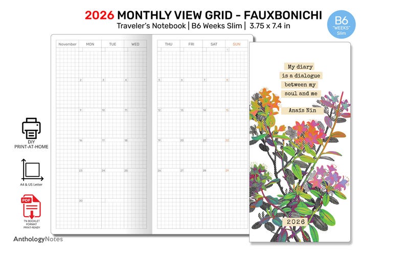 2026 B6 WEEKS Slim Monthly Hobo Inspired GRID Monday Fauxbonichi ...