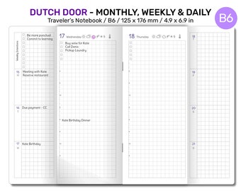 B6 TN Dutch Door Monthly, Weekly, Daily GRID Printable Traveler's Notebook Minimalist