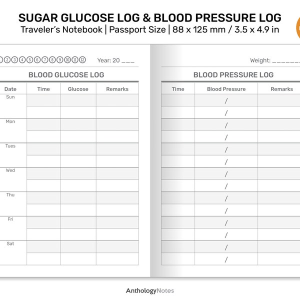 TN PASSPORT Blood Sugar & Blood Pressure Weekly Log | Printable Traveler's Notebook Insert PP22-013