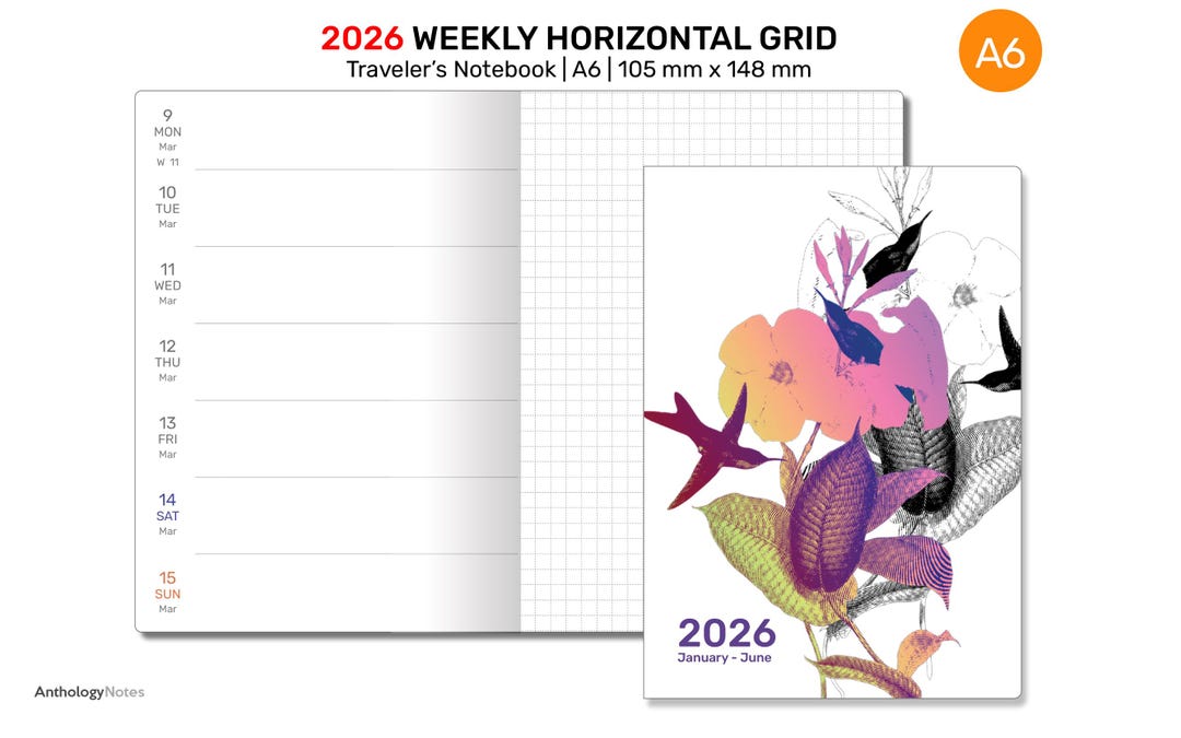 TN A6 2026 Weekly Planner Horizontal GRID Traveler's Notebook Printable ...