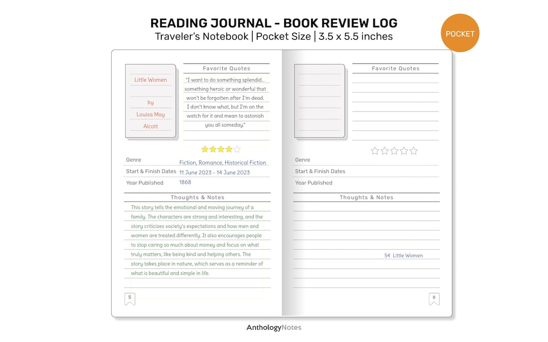 READING Journal TN POCKET Printable Refill Insert for Traveler's ...