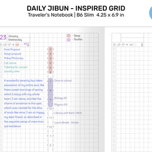 May include: A daily planner with a grid layout and a checklist for the day. The planner is labeled "Daily Jibun - Inspired Grid" and "Traveler's Notebook | B6 Slim 4.25 x 6.9 in". The planner has a light blue and purple color scheme.