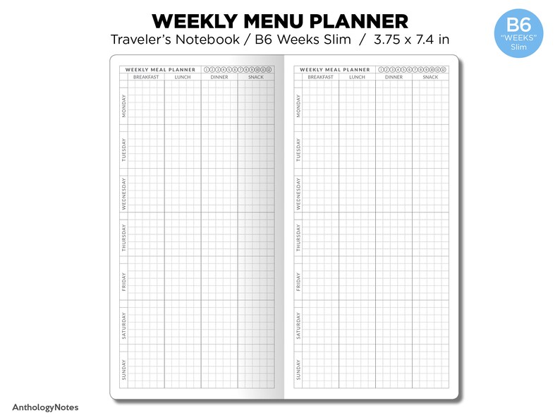 TN B6 "weeks" Slim Weekly MEAL Planner With Grocery List Section ...