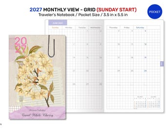 2027 POCKET Monthly Planner SUNDAY Start TN Grid Printable Insert Traveler's Notebook - Minimalist Mo2P DFN008-2027