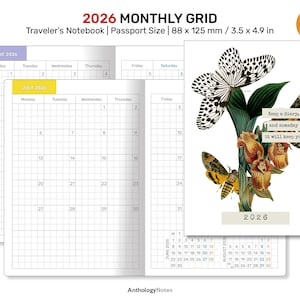 Puede incluir: Un cuaderno de viaje de cuadrícula mensual de 2026 en tamaño pasaporte, 88 x 125 mm. El cuaderno presenta un diseño de calendario y una inserción decorativa con ilustraciones de mariposas y flores. La inserción incluye el texto "Keep a diary, and someday it will keep you."