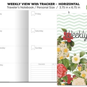 Op de afbeelding: Een weekplanner met een bloemenontwerp en een tracker-sectie. De planner is 3,75 inch bij 6,75 inch en is gemarkeerd met "Persoonlijke maat".