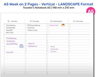 TN A5 Weekly Vertical Landscape Timeline Printable Traveler's Notebook Insert Minimalist Refill  A522-008