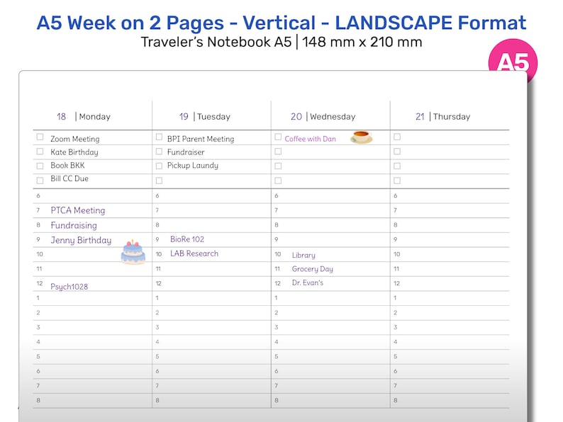 May include: A5 size vertical weekly planner in landscape format. The planner features a two-page spread with space for each day of the week. Includes a section for notes and appointments. The planner is 148 mm x 210 mm.