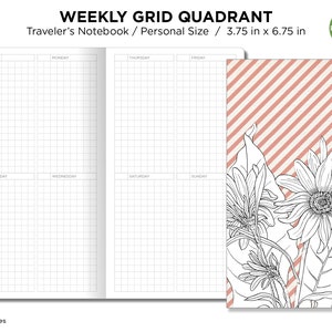May include: A black and white weekly grid planner with a floral design on the cover. The planner is 3.75 inches by 6.75 inches and is labeled "Personal".