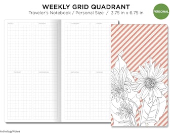 May include: A black and white weekly grid planner with a floral design on the cover. The planner is 3.75 inches by 6.75 inches and is labeled "Personal".