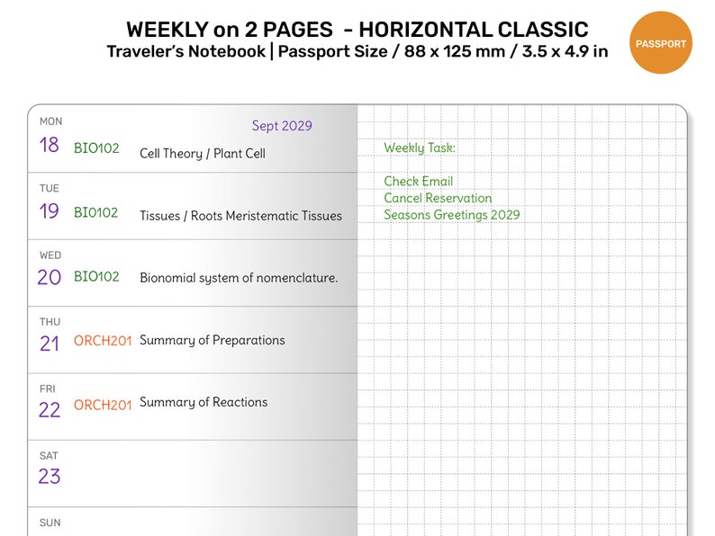 TN PASSPORT Weekly Horizontal Classic Printable Refill Insert Traveler ...