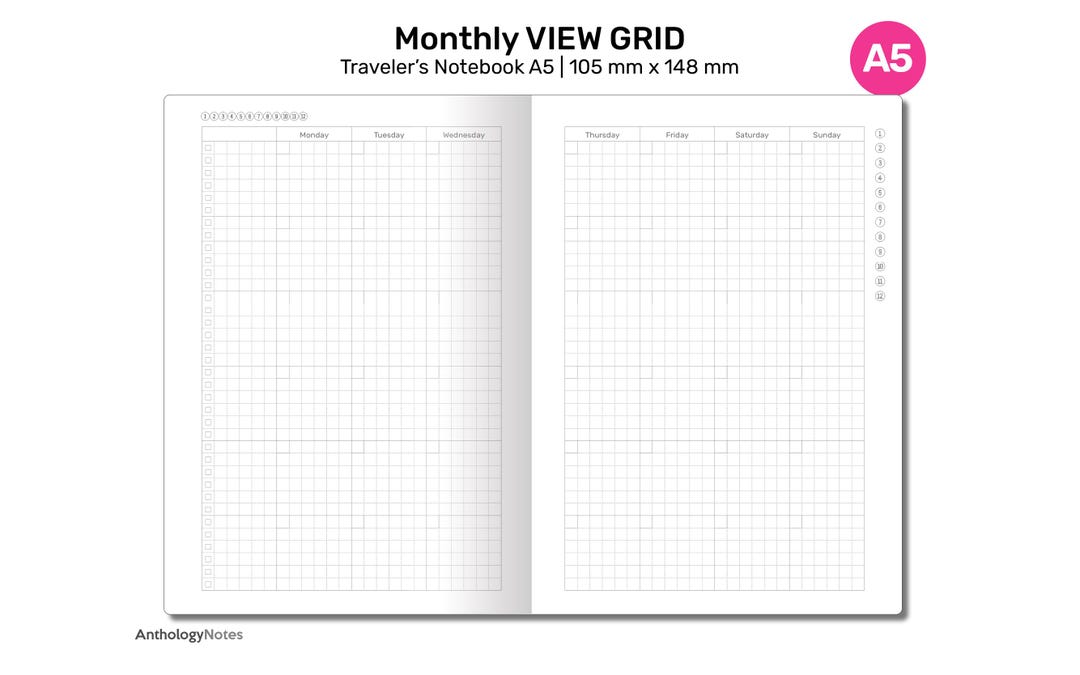 TN A5 Monthly Planner GRID Printable Travelers Notebook Insert Mo2p - Etsy