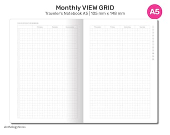 TN A5 Monthly Planner GRID Printable Travelers Notebook Insert Mo2P