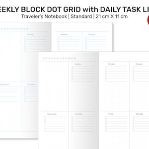 May include: A weekly planner with a dot grid and daily task list. The planner is divided into seven sections for each day of the week. The planner is 21 cm by 11 cm.