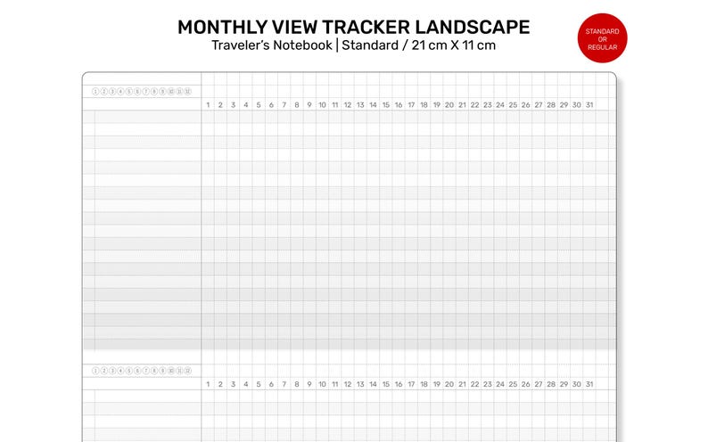 MONTHLY Tracker GRID Standard Size Traveler's Notebook Printable Insert Minimalist Grid Landscape image 2