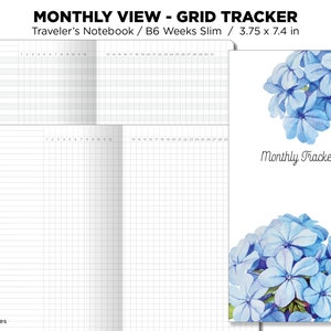Puede incluir: Un cuaderno de notas mensual con una cuadrícula y un diseño floral. El cuaderno mide 9,5 cm por 18,8 cm y forma parte de la colección B6 Weeks Slim Traveler's Notebook.
